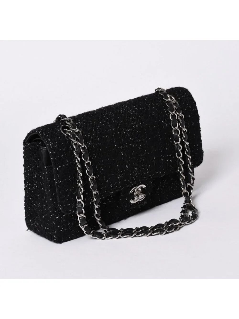 Chanel Quilted 25 Double Flap Chain Shoulder Bag CC Logo Tweed Leather Black